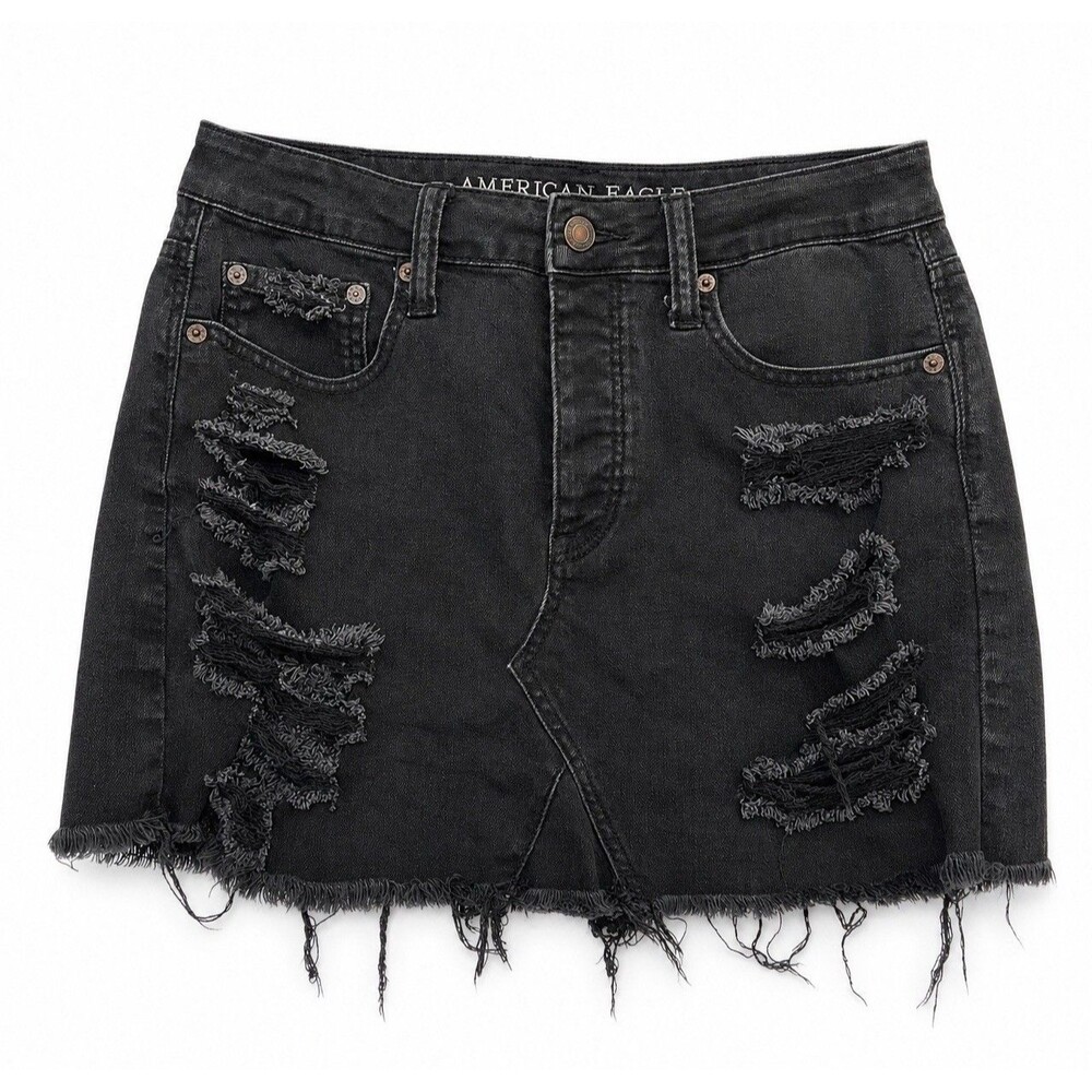 American Eagle Distressed Black Denim Mini Skirt Button Fly Raw Hem Size 6